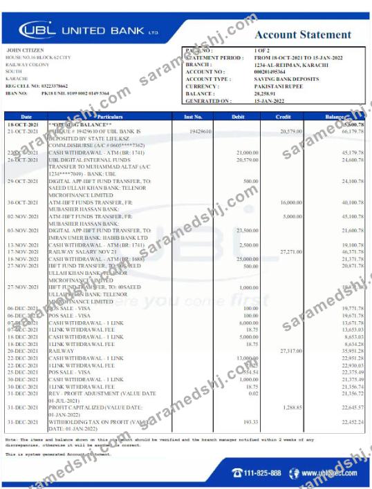 Pakistan UBL bank statement Word and PDF template scr
